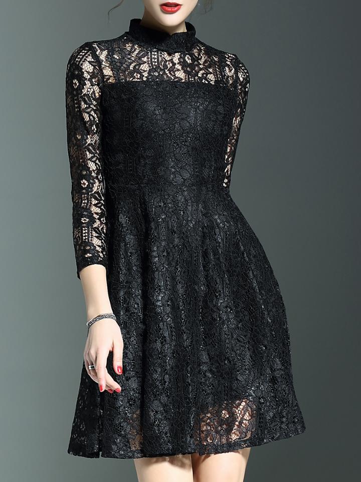 Shein Black Three Quarter Sleeve A-line Lace Dress