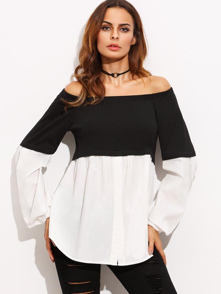 Shein Color Block Off The Shoulder Long Sleeve Blouse