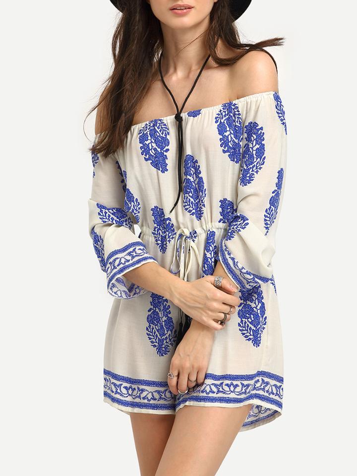 Shein Off-the-shoulder Tassel Drawstring Waist Romper