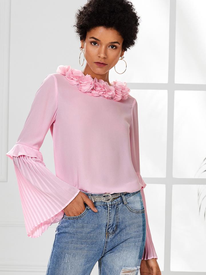 Shein Flower Applique Neck Pleated Sleeve Top