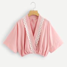 Shein Contrast Lace Surplice Crop Blouse