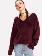 Shein Double V Drop Shoulder Faux Fleece Pullover