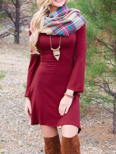 Shein Red Round Neck Bell Sleeve Slim Dress