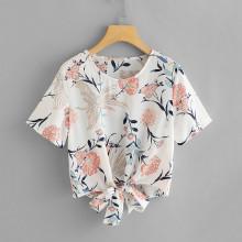 Shein Floral Self Knot Front Top