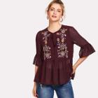 Shein Tie Neck Floral Embroidered Ruffle Trim Top
