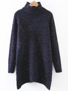 Shein Navy Ribbed Trim Turtleneck Asymmetrical Longline Sweater