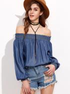 Shein Navy Off The Shoulder Raw Hem Denim Top