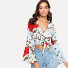 Shein Floral Bell Sleeve Tie Waist Blouse