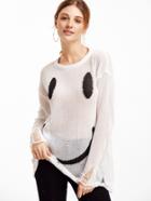 Shein White Smiley Face Print Distressed Sweater