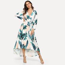 Shein Jungle Leaf Print Wrap Front Dress