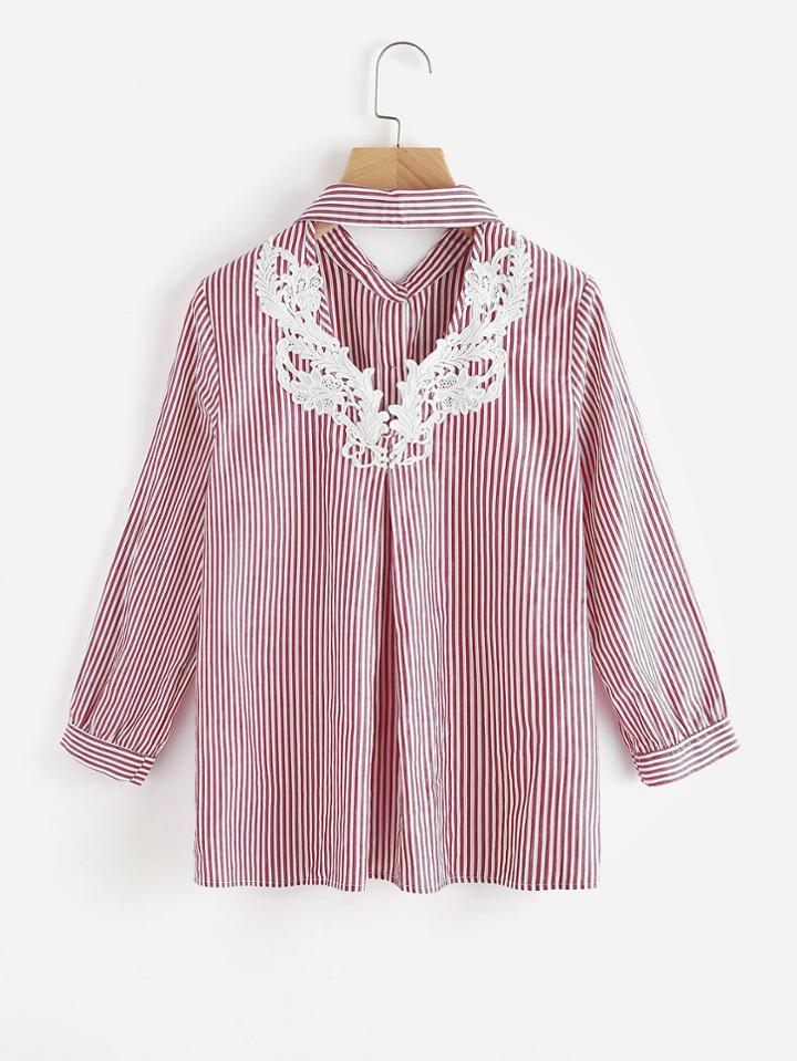 Shein Lace Applique Cutout Back Striped Blouse