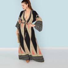 Shein Plus Plunging Neck Bell Sleeve Geo Maxi Dress