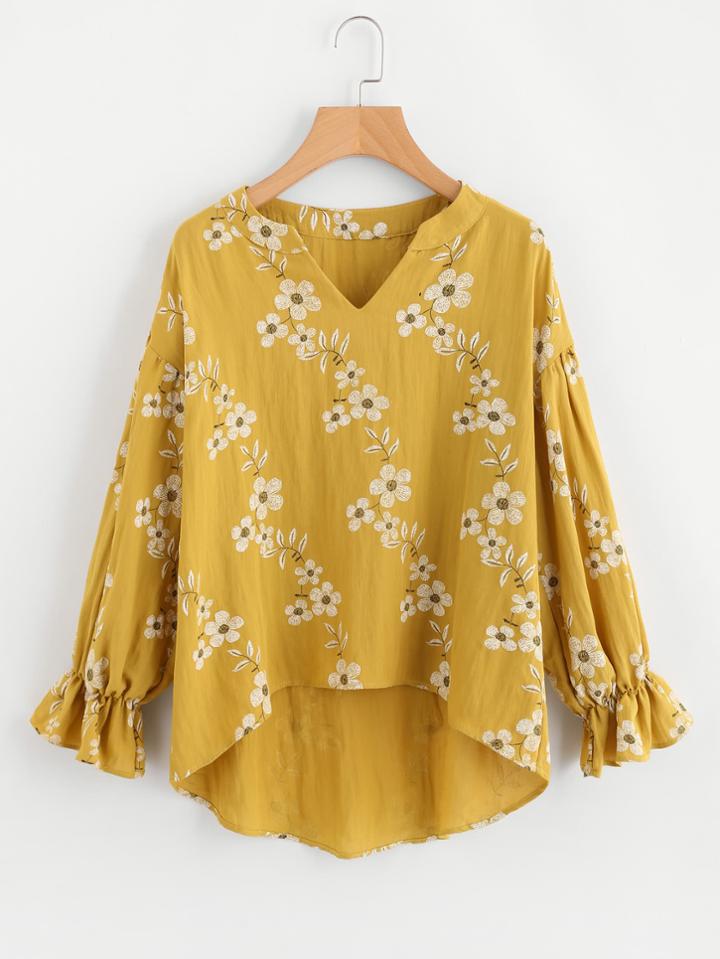 Shein V Cut Floral Print Dip Hem Blouse