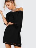 Shein Black Boat Neck Short Sleeve Distressed Tee Dress