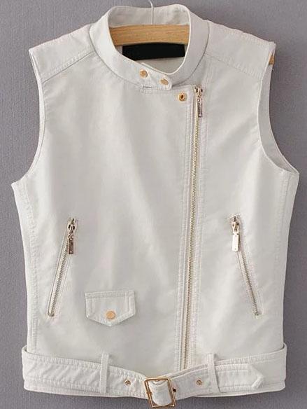 Shein White Stand Collar Oblique Zipper Pu Vest