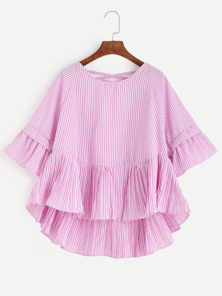 Shein Pink Vertical Striped Lattice-back Ruffle High Low Top