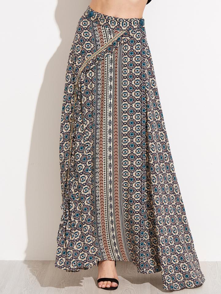 Shein Vintage Print Wrap Skirt With Button Detail