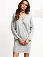 Shein Heather Grey V Neck Batwing Sleeve Button Front Dress