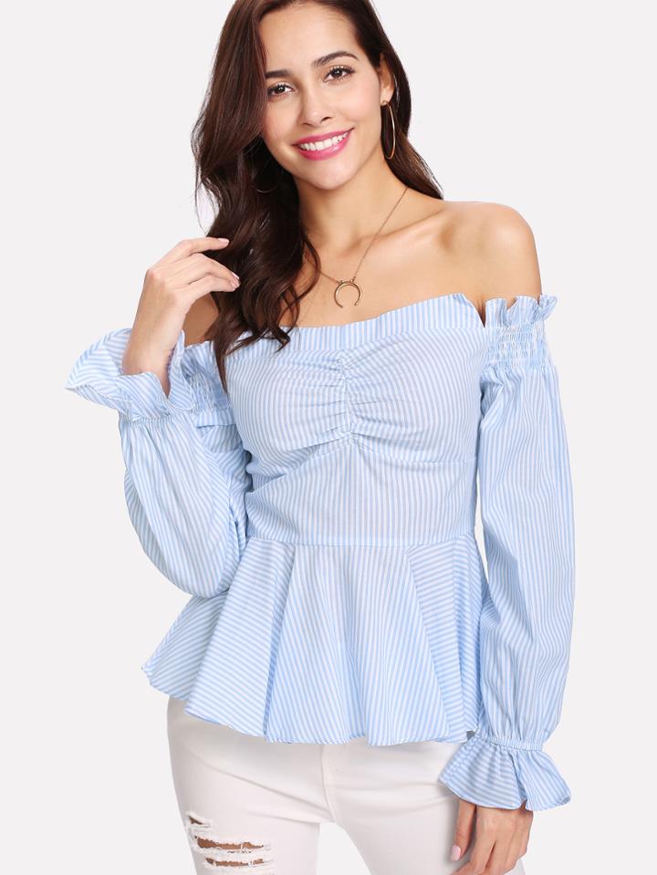 Shein Shirred Front Off Shoulder Striped Peplum Top