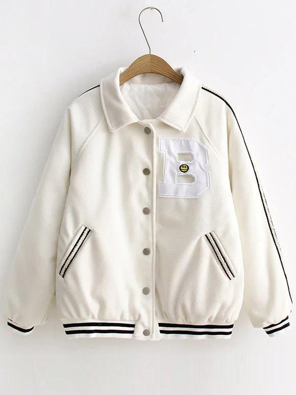 Shein White Contrast Trim Raglan Sleeve Coat With Patch