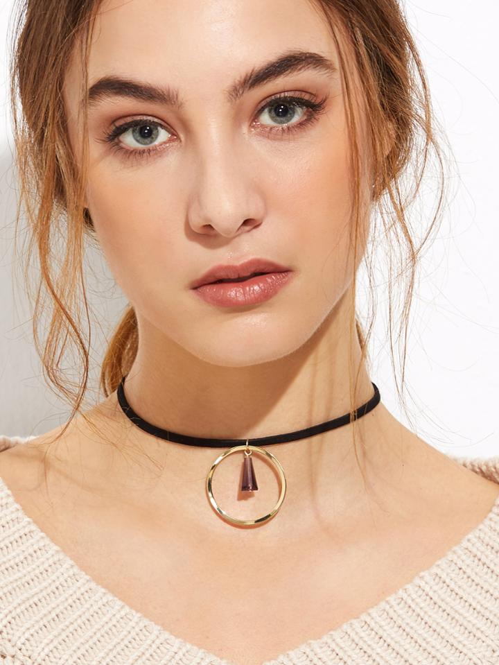 Shein Black Band Gold Hollow Circle Crystal Choker Necklace