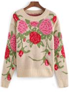Shein Multicolor Round Neck Floral Crop Knit Sweater