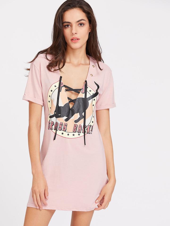 Shein Eyelet Lace Up Deep-plunge Neck Rolled Cuff Dress
