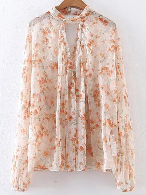 Shein Ditsy Print Cut Out Chiffon Blouse