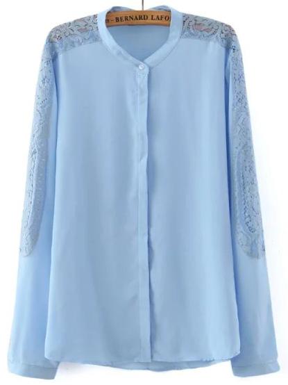 Shein Blue Lace Long Sleeve Chiffon Loose Blouse