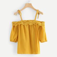 Shein Open Shoulder Crochet Trim Blouse