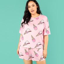Shein Plus Allover Ice Cream Print Tee & Shorts Pj Set