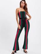 Shein Striped Strapless Flare Jumpsuits With Belt