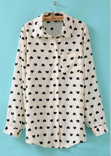 Rosewe Casual Hearts Pattern Turndown Collar Long Sleeve Blouse