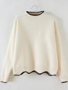 Shein White Contrast Trim Crew Neck Scalloped Hem Sweater
