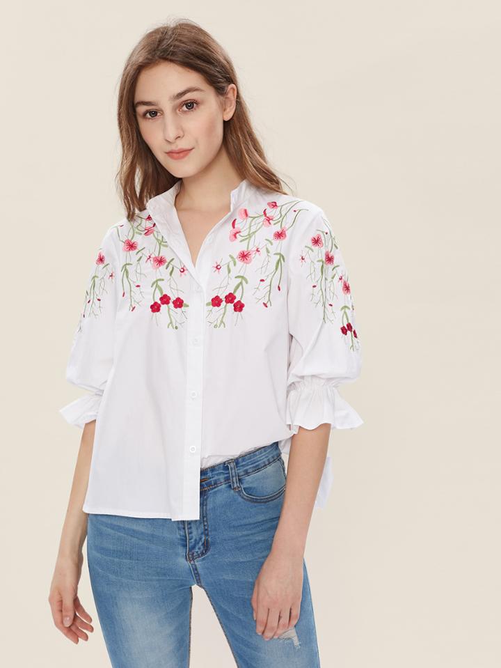 Shein Blossom Embroidered Yoke Fluted Sleeve Blouse