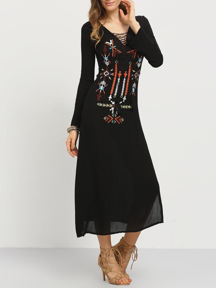 Shein Embroidery Tasselled Lace-up Neck Long Dress