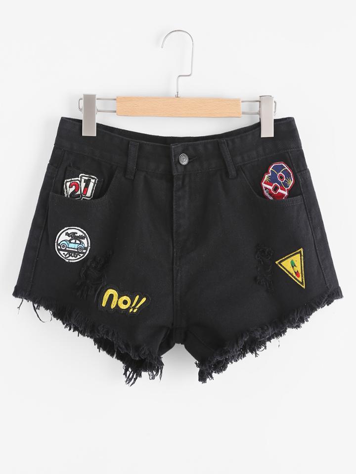 Shein Patched Frayed Hem Denim Shorts