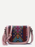 Shein Pink Tribal Print Tassel Trim Flap Shoulder Bag
