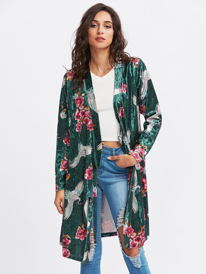 Shein Bird And Flower Print Velvet Wrap Coat