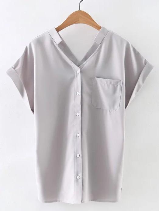 Shein Grey Roll-up Cuff Buttons Front Pocket Chiffon Blouse