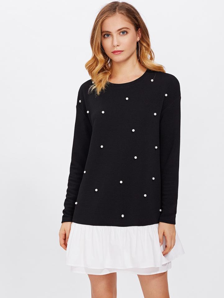 Shein Contrast Layered Ruffle Hem Pearl Embellished Dress