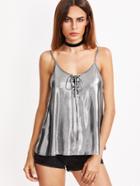 Shein Metallic Silver Lace Up Front Cami Top