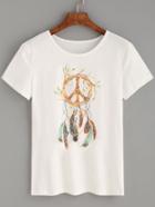 Shein White Feather Leaves Print T-shirt