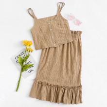 Shein Button Front Cami Top & Ruffle Hem Skirt