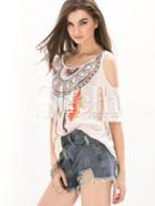 Shein White Cold Shoulder Half Sleeve Print T-shirt