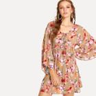 Shein Bell Sleeve Lace Up Floral Dress