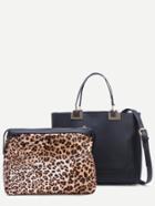 Shein Black Laser Cut Satchel Bag With Leopard Makeup Bag