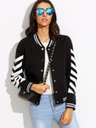 Shein Black Chevron Print Striped Trim Baseball Jacket