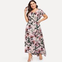 Shein Plus V Neck Flower Print Dress