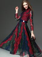 Shein Multicolor Round Neck Long Sleeve Drawstring Lace Dress